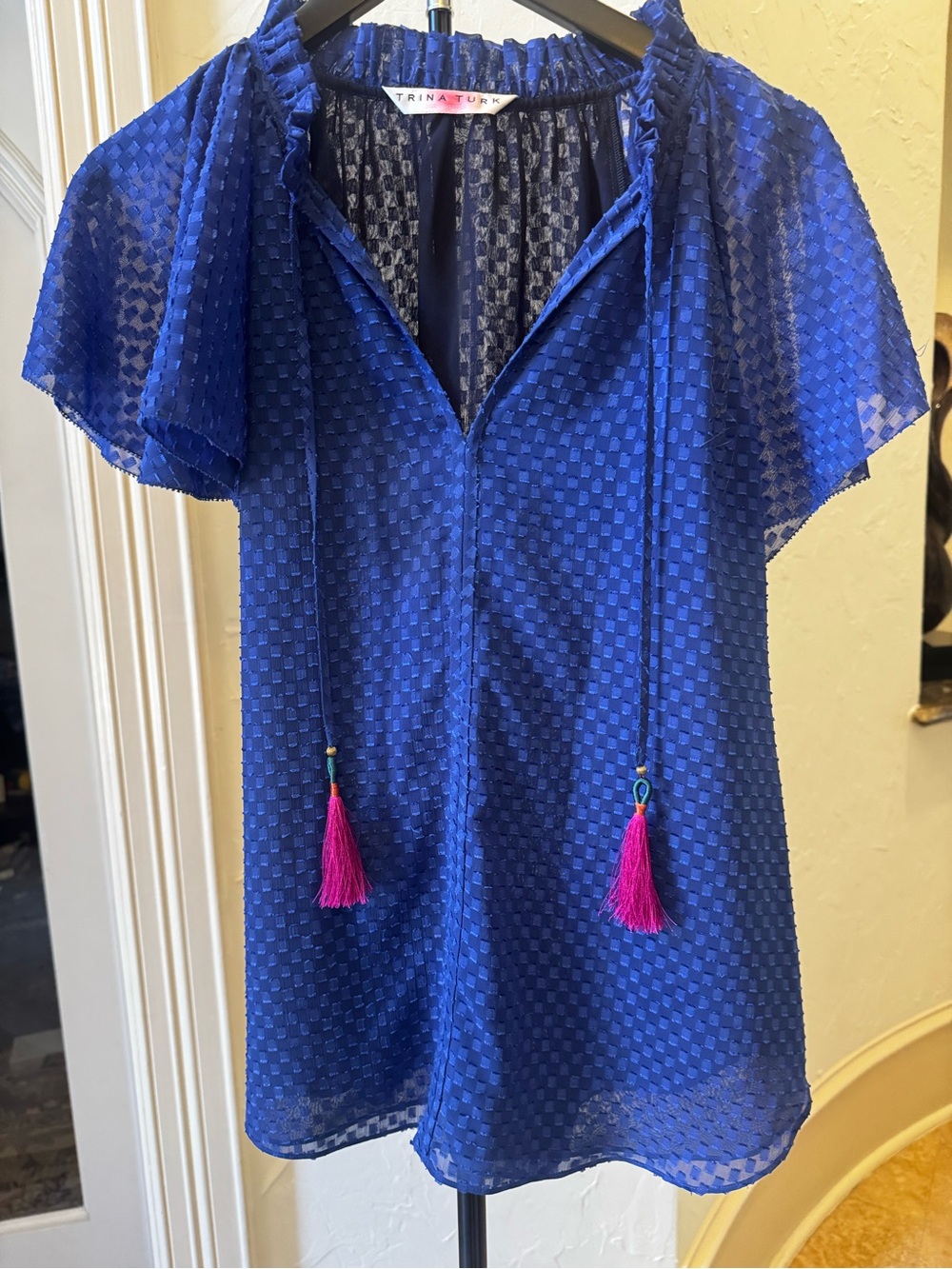 Trina Turk Cobalt Blue Textured Short Sleeve Blouse with Pink Tassels